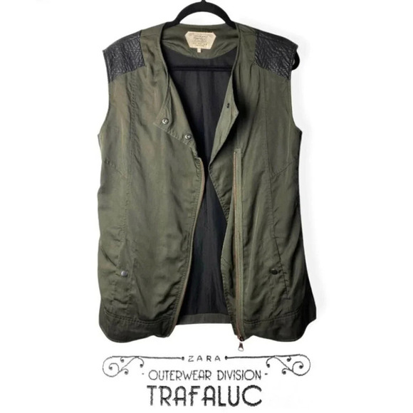 ZARA Outerwear Trafaluc Army Green  & Faux Leather Vest - Picture 1 of 8